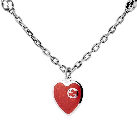 Gucci necklace interlocking heart red enamel silver chain logo print luxe cute - Picture 2 of 3
